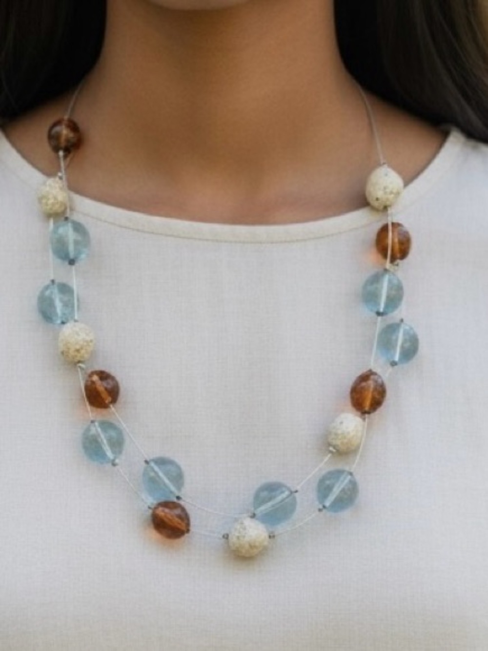 Top Frog Artisan Multi-Bead Necklace in Blue, Brown & Cream